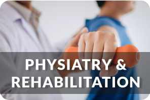 A physical therapist helps a patient raise his arm to the side holding a small weight in his hand. Title reads: Physiatry & Rehabilitation