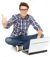 Photo on a white background of a young man sitting cross-legged in front of an open laptop. He is smiling and giving the viewer a thumbs up.