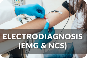 A medical technician attaches electrodes to the arm of a patient for an EMG diagnosis. Title reads: Electrodiagnosis (EMG & NCS)