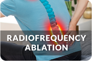A man is bending forward and holding his lower back. An image of a spine with a red painful area in the lumbar region is superimposed on his back. Title reads: Radiofrequency Ablation