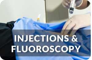A doctor provides an spinal injection for a patient. Title reads: Injections & Fluoroscopy