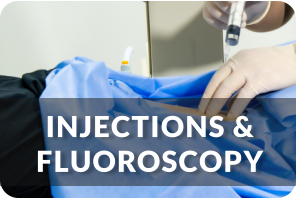 A doctor provides an spinal injection for a patient. Title reads: Injections & Fluoroscopy